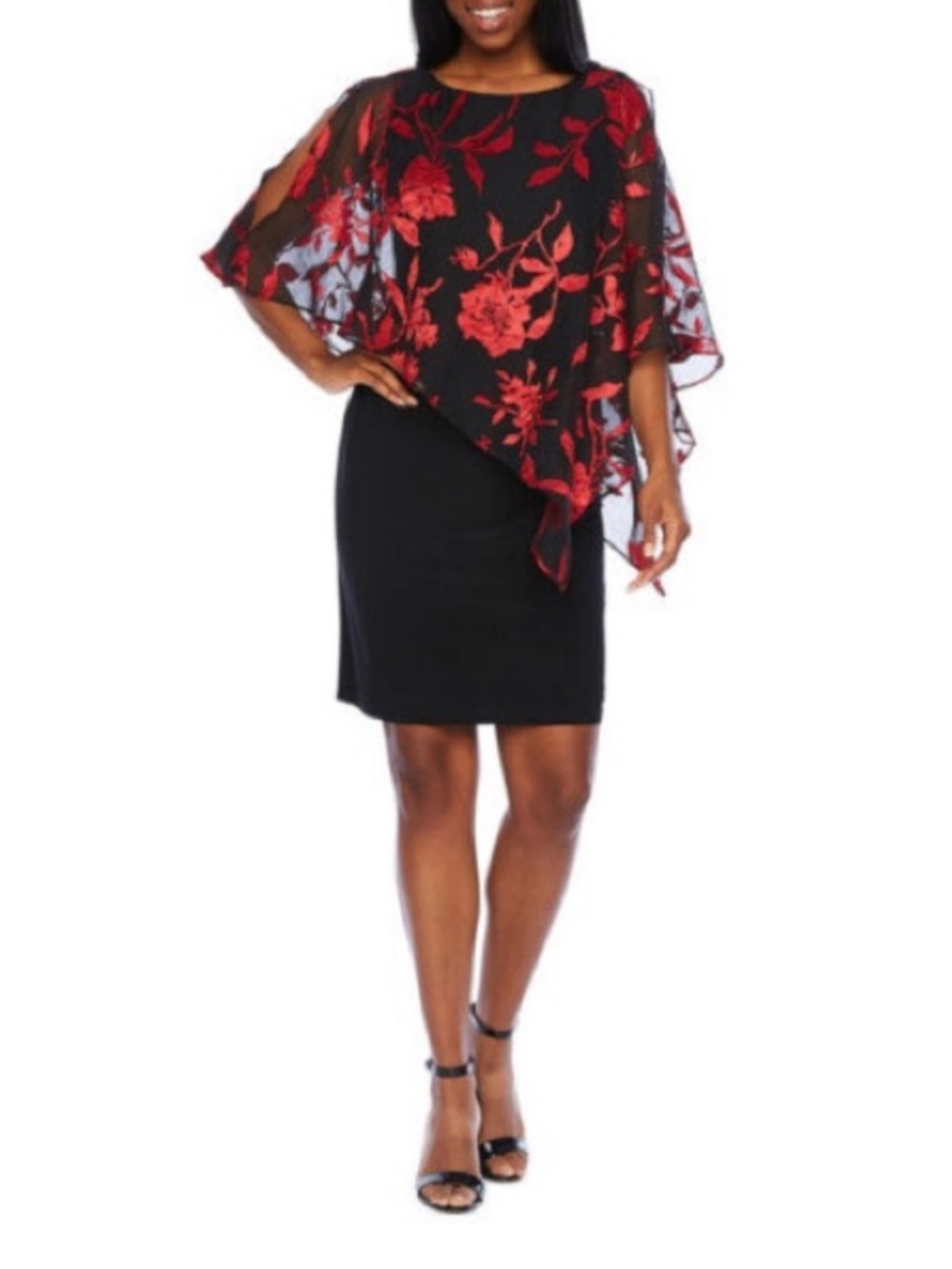 Scarlett Black Dress with Red Floral Chiffon Overlay Pencil Skirt